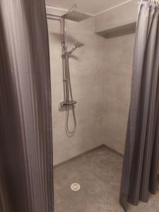 a shower in a bathroom with a shower curtain at Nygården B&B Hälsingegård in Harmånger +130 photos