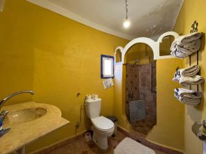 ein Badezimmer mit Toilette, Waschbecken und Dusche in der Unterkunft Citadelle Gorges in Aït Ben Ali + 39 Fotos