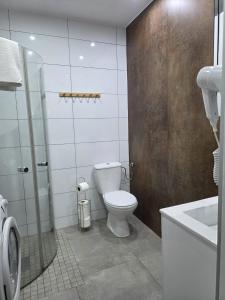 a bathroom with a toilet and a shower and a sink at PRZYSTANEK nowEKOprzywno in Parchlino