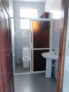 a small bathroom with a toilet and a sink at Harlequin Diani in Diani Beach +5 photos