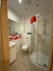 a bathroom with a shower and a toilet and a sink at Pensjonat Roma in Pszczew +25 photos
