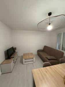 a living room with a couch and a tv at Les 3 Pigeons in Narbonne