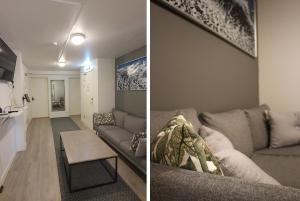 two pictures of a living room with a couch and a table at Abisko Hostel in Abisko