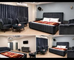 a bedroom with a bed and two chairs and a table at BHM Faraz hotel in Theri Sānsi