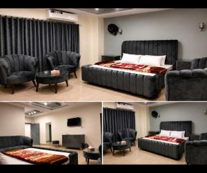 two pictures of a bedroom with a bed and chairs at BHM Faraz hotel in Theri Sānsi