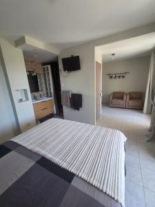 a bedroom with a large bed and a living room at Les Restanques de Camélie in Saint-Thomé