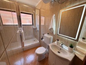 a bathroom with a toilet and a sink and a shower at Apartments Bernarda 2 in Nin +53 photos