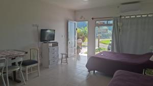 a bedroom with a bed and a table and a television at La Liebre in Federación