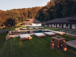 an aerial view of a backyard with a house at Hunter's Mansion - Transylvania in Gorgan
