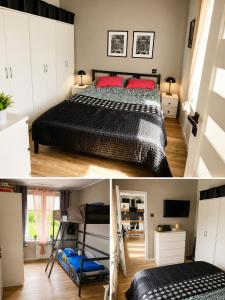 two pictures of a bedroom with a bed in a room at Kamienica Centrum in Pisz