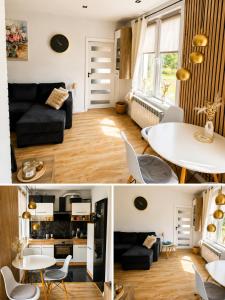 a living room and a living room with a black couch at Kamienica Centrum in Pisz