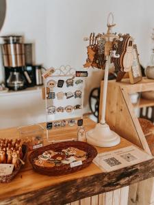 a wooden table with a counter top with at Alpaca Bed & Fields in Snedsted
