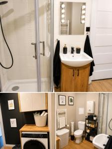 a bathroom with a shower and a sink and a toilet at Kamienica Centrum in Pisz