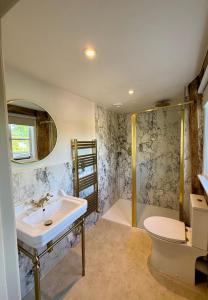 ein Badezimmer mit Waschbecken, Dusche und Toilette in der Unterkunft Three Cocks Hotel in Brecon + 48 Fotos