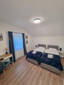 a bedroom with two beds and a desk and a window at Guesthouse Gacka idila in Otočac