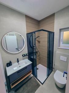 a bathroom with a shower and a sink and a mirror at Guesthouse Gacka idila in Otočac