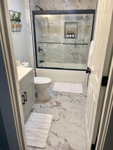 a bathroom with a shower and a toilet and a sink at Charming Condo near Gillette Stadium in Sharon +11 photos