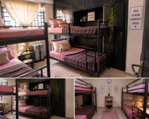 two pictures of a room with bunk beds at Kioneki Hostel in Nairobi