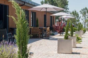 a patio with umbrellas and tables and chairs at TerraSena Mountain Village - Serra da Estrela in Seia