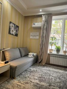 a living room with a couch in front of a window at Hôtel Baldei in Chişinău