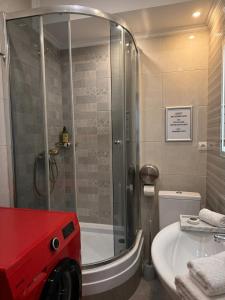 a bathroom with a shower and a toilet and a sink at Hôtel Baldei in Chişinău