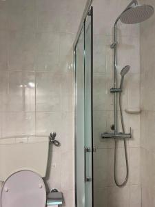 a bathroom with a toilet and a glass shower at Sol e Praia in Figueira da Foz +8 photos