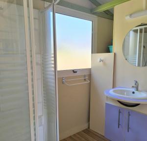 a bathroom with a shower and a sink at Camping Le Boem in Balazuc +27 photos