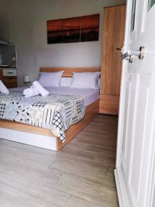 a bedroom with two beds and a door open at Maria's Garden Studio in Sarti