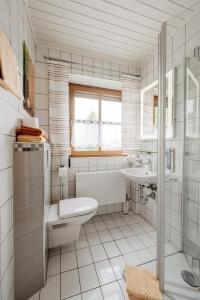 a white bathroom with a toilet and a sink at Gäste-Haus Rösch in Wiesent +15 photos