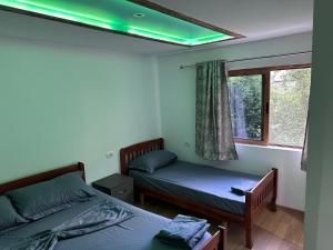 a bedroom with two beds and a window with green lights at Shpia e Mikut Guesthouse in Theth
