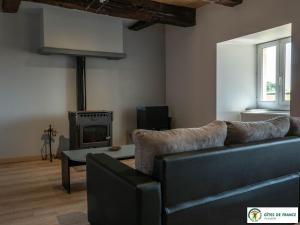 a living room with a couch and a fireplace at Gîte Le Cayrou in Saint-Just-sur-Viaur