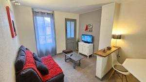 a living room with a couch and a television at Appart hôtel Roanne hyper centre ville in Roanne