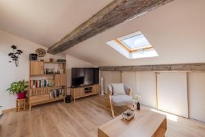 a living room with a tv and a skylight at La Terrasse de Vidauban - Duplexe climatisé in Vidauban