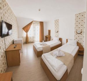 a hotel room with two beds and a television at Pensiunea Moldova in Piatra Neamţ +41 photos