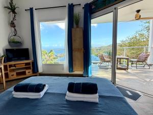 a bedroom with a bed with two pillows on it at Espace Harmonie - Gîte Indigo Deshaies in Deshaies +71 photos