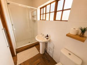 a bathroom with a sink and a shower and a toilet at Amber Collection in Dullstroom