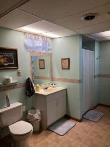 a bathroom with a toilet and a sink at The Fairway Escape in Hayward +29 photos