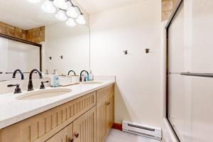 a bathroom with a sink and a shower at Lakefront At Winnipesaukee in Gilford +46 photos