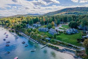 an aerial view of a river with houses and boats at Lakefront At Winnipesaukee in Gilford