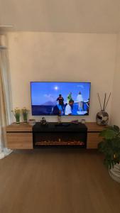 a living room with a television and a fireplace at Sous les Capucines in Saint-Gervais-les-Bains