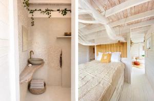 two pictures of a bedroom with a bed and a sink at Beach HideAway in Noordwijkerhout