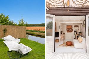 a white pergola with a couch and chairs in a garden at Beach HideAway in Noordwijkerhout +1 photo