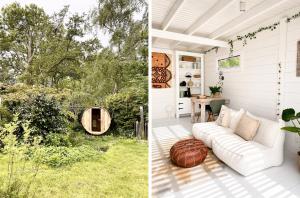 a patio with a couch and a table at Beach HideAway in Noordwijkerhout