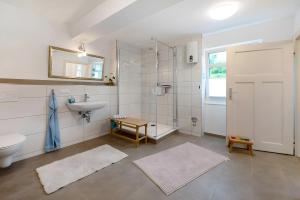 a bathroom with a sink and a toilet and a mirror at Ferienwohnung Sensweiler Mühle in Sensweiler +23 photos