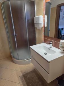 a bathroom with a shower and a sink at Apartmán KATY in Rajecké Teplice