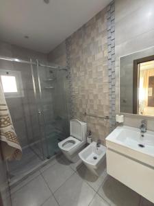 a bathroom with a toilet and a shower and a sink at Appartement à plage Dalia in Dalia +11 photos