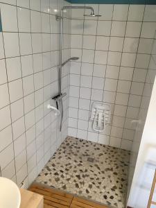 a shower with a glass door in a bathroom at Gîte Saint Gorgon in Euville +6 photos