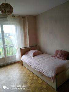 a bedroom with a bed and a large window at Gîte Saint Gorgon in Euville