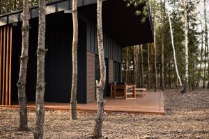 a house in the woods with a wooden deck at Szept Lasu in Żabiczyn