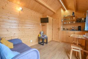 a living room with wooden walls and a blue couch at Le chalet pour la nuit in Pont-Sainte-Marie